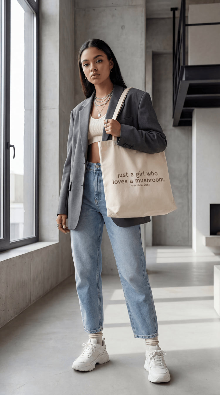 Lady standing with totebag #limited-edition-design_just-a-girl-who-loves-a-mushroom