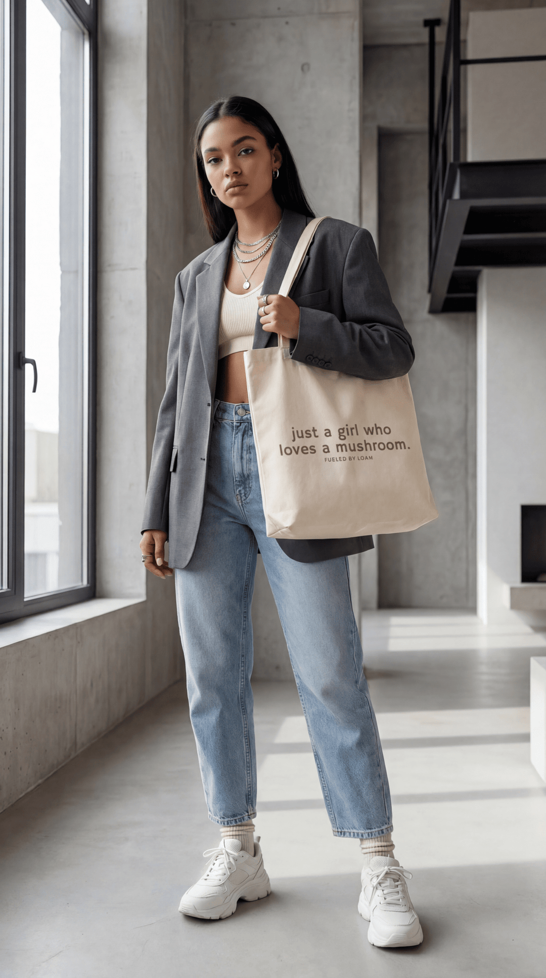 Lady standing with totebag #limited-edition-design_just-a-girl-who-loves-a-mushroom